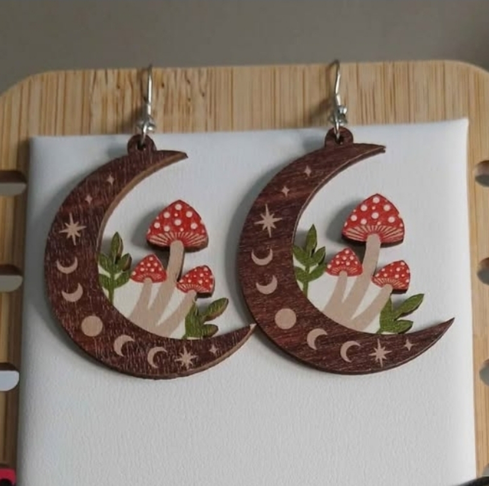 2/$18 New Mushroom Moon Earrings Wooden Jewlery Womens Accessories Boho